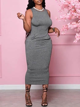 Pure Color Fitted Package Hip Maxi Dress Ladies