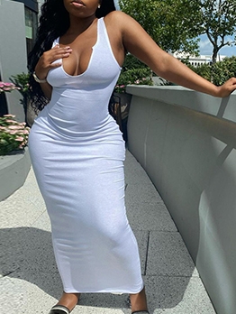 Plain White Low-Cut Maxi Dresses For Women