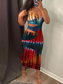 Multicolored Print Hollow Out Sleeveless Maxi Dress