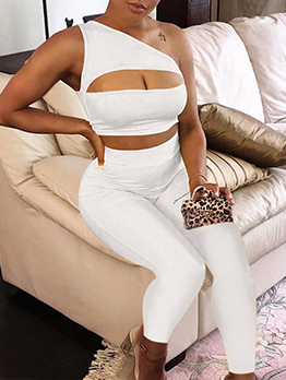 Sport Solid Inclined Shoulder Sexy Two Piece Outfits