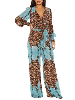 Modern Contrast Color Leopard Long Sleeve Jumpsuit