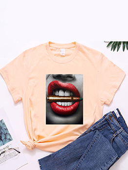 Casual Lips Print Round Neck Tee Shirt