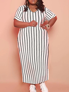 Striped Print V Neck Casual Plus Size Maxi Dress