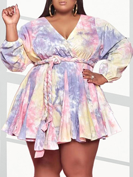 Printing V Neck Casual Plus Size Long Sleeve Dresses