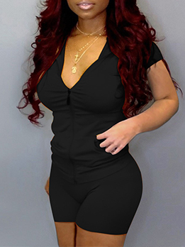 Casual Zipper Hooded Two Piece Short Sets 