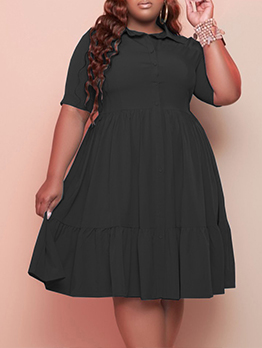 Leisure Solid Buttons Ruched Short Sleeve Dress