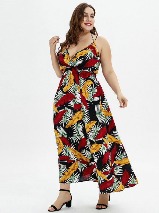 Summer Vacation Print V Neck Plus Size Maxi Dress | Wholesale7