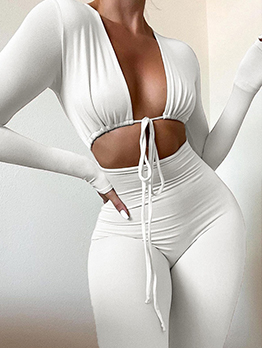 New Solid Lace Up Long Sleeve Jumpsuit 