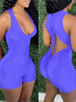 Sexy V Neck Solid Color Sleeveless Sheath Rompers