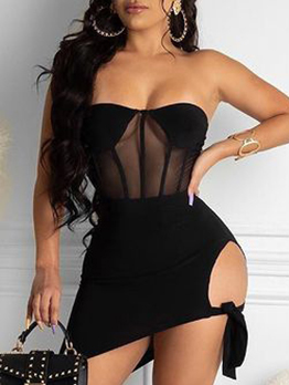 Sexy Solid Perspective Strapless 2 Piece Skirt Set
