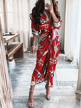 Elegant Print Summer Long Sleeve Maxi Dress