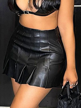 Sexy Pu Black Pleated Skirt For Women 