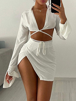 Sexy White Long Sleeve Skirt Sets 