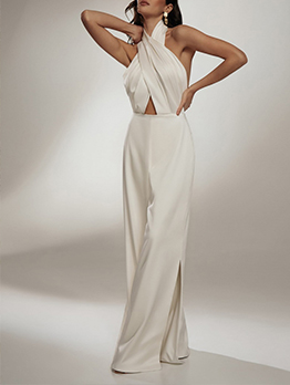Alluring Plain White Cross Hollow Out Backless Jumpsuit