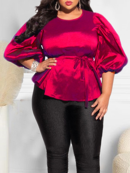 Casual Solid Lantern Sleeve Plus Size Blouse