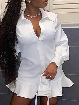 Simple Design White Ruffles Long Sleeve Shirt Dress