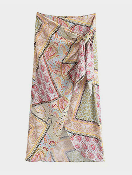 Vintage Casual Printed Tie Wrap Skirt For Women