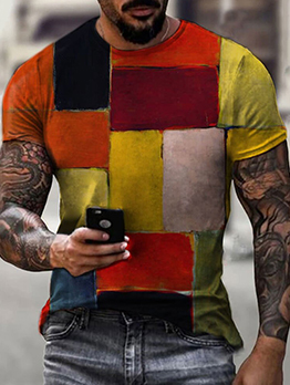 Casual Contrast Color Patchwork Print Tee For Men