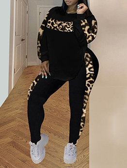 Plus Size Leopard Long Sleeve Pants Set 