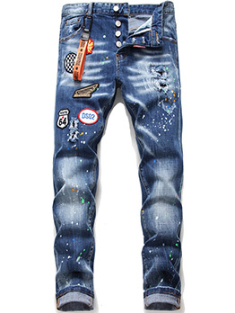 Hollow Out Patch Fitted Trendy Denim Jeans Men