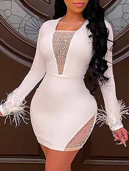 Gauze Patchwork Fitted Plus Size Long Sleeve Dress