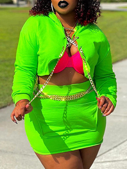 Plus Size Green Hooded Collar Two Pieces Skirt Set