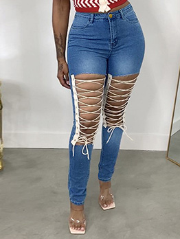 Sexy Hollow Out Lace Up Plus Size Denim Jeans