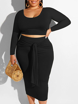 Plus Fashion Solid Cropped Top And Midi Skirt Sets