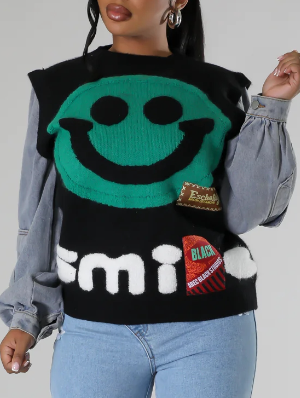 Smile Knitted Denim Lantern Sleeve Patchwork Sweater