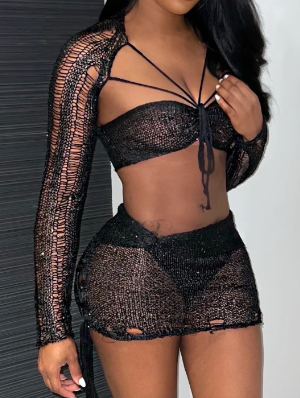 Knitted Sequin See Through Tube Shawl Skirt Sets