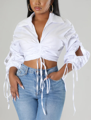 Drawstring Ruched Puff Sleeve Cropped Blouses