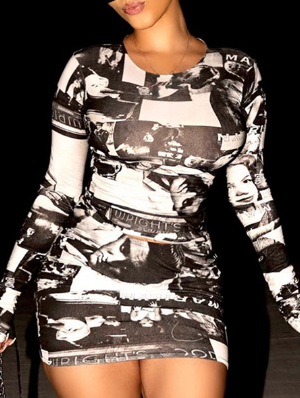 Portrait Printed Cropped Fitted Skirt Sets