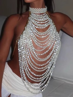 Faux Pearl Halter Backless Body Chain
