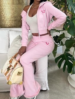 Printed Zipper Cropped Hoodies Flared Pants Suit