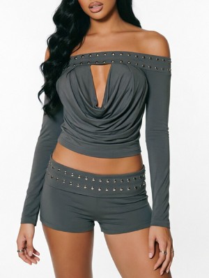 Ruched Off Shoulder Cropped Rivet Short Sets
