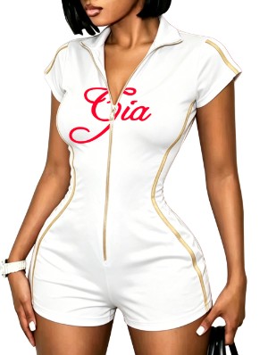 Striped Trim Zipper Lapel Fitted Rompers