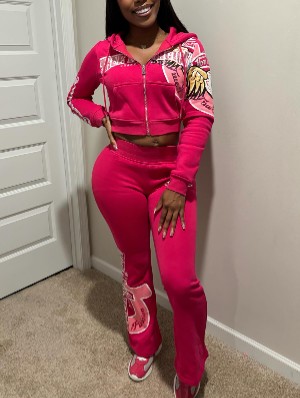 Graphic Zipper Hooded Flared Pant Sets