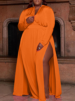 Solid V Neck Baggy Plus Size Long Sleeve Maxi Dress