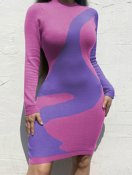 Contrast Color Design Long Sleeve Bodycon Dress