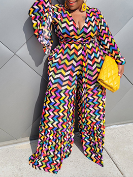 Plus Size Colored Printed Long Sleeve Jumpsuit