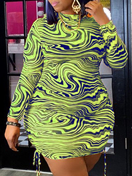 Plus Size Printed Drawstring Long Sleeve Ruched Dress