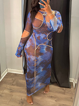 Sexy Hollow Out Long Sleeve Maxi Dress