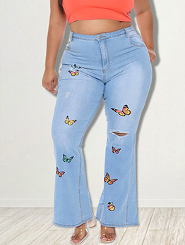 Fashionable Butterfly Printed Long Denim Jeans
