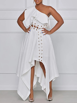 Trendy Asymmetrical Hem Pure White One Shoulder Maxi Dres