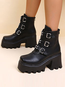 Simple Versatile Black Color Chunky Ankle Boots