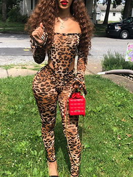 Sexy Leopard  Bodysuit Top And Pant Sets