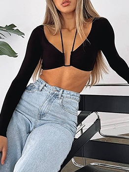 Sexy Halter Long Sleeve Cropped Top For Women