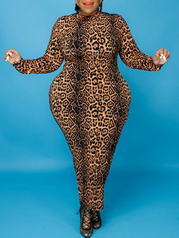 Plus Size Leopard Bodycon Casual Maxi Dress 
