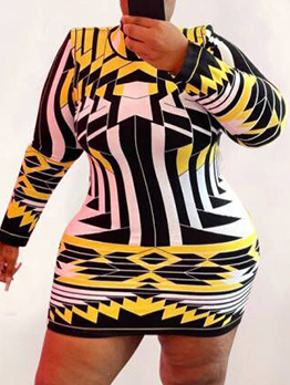 Printed Fitted Plus Size Long Sleeve Dresses