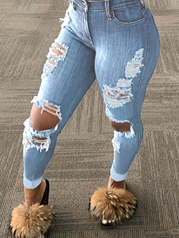 High Waist Ripped Blue Plus Size Jeans Pant